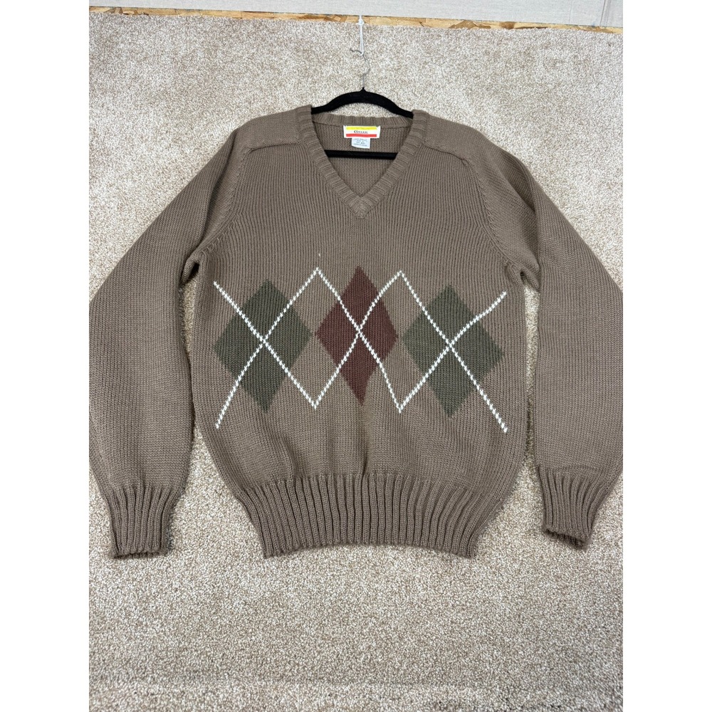 VTG Cotler Mens Vintage Argyle V-Neck Sweater Brown Acrylic Knit Large L 80s 90s